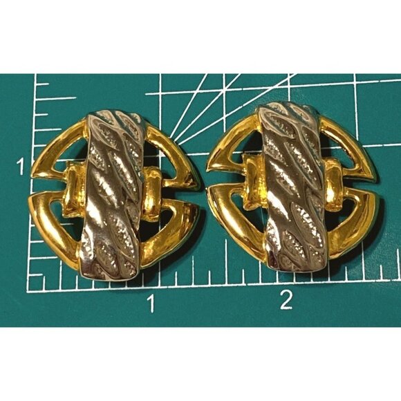 Vintage Clip Earrings Chunky Sandy Gold & silver Tone Metallic Round Geometric 1 - Picture 3 of 7